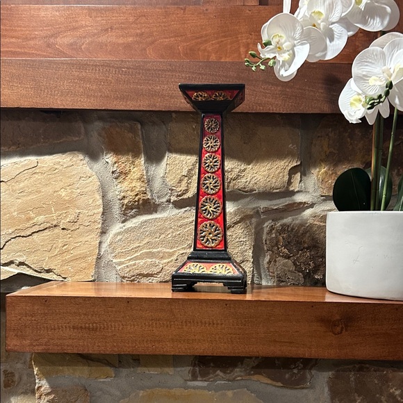 Artisan Red and Black Candle Holder, Vibrant Ethnic Inspired - Picture 1 of 16